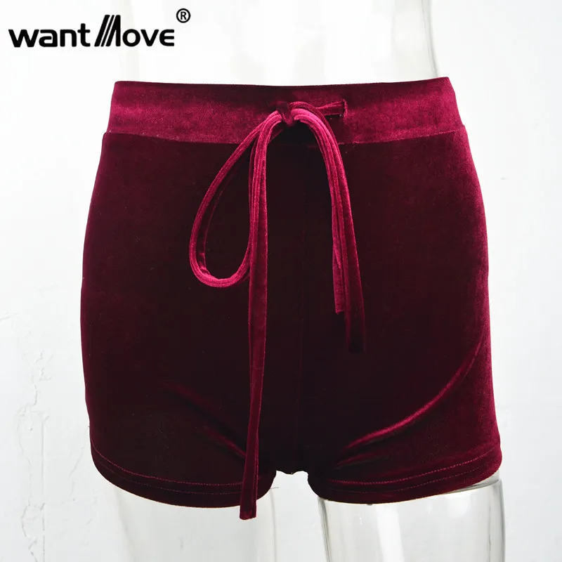 Wantmove, новинка, 5 цветов, S-XL, женские бархатные шорты с завязками, повседневные, высокая талия,, Осень-зима, сексуальные, элегантные, обтягивающие шорты, XD742
