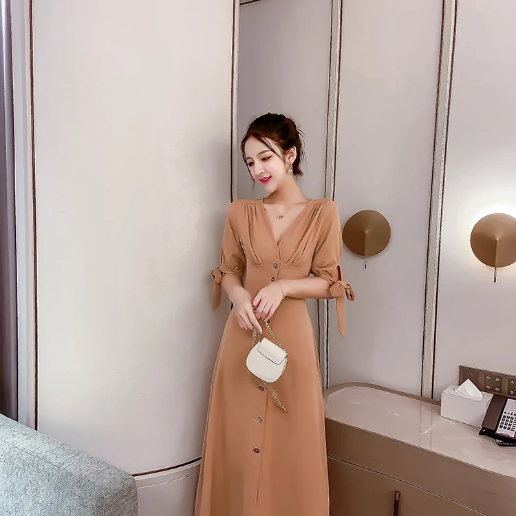 2019 new French retro single-breasted waist V-neck slim dress | Женская одежда