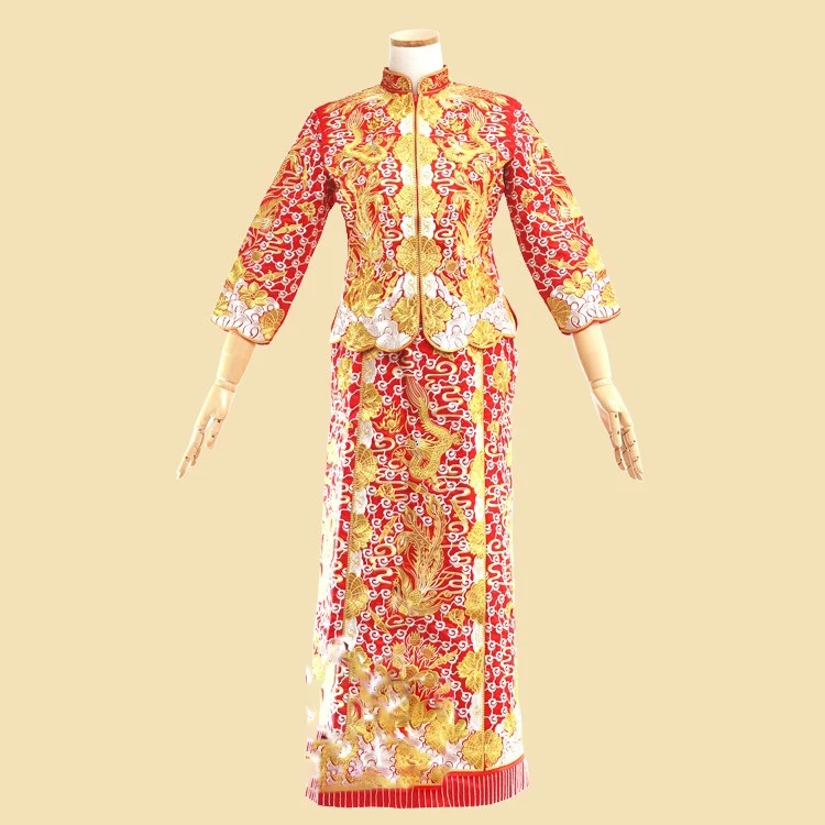 Da Wu Fu Golden Cloud Peony Embroidery Republican Period Bride Costume Hanfu Traditional Chinese Wedding Costume Xiu He Fu