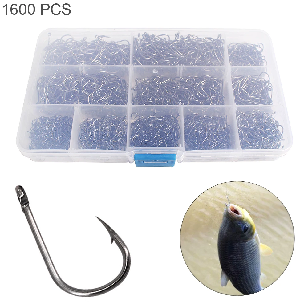 

1600pcs/lot Durable Fishing Hooks Kit Barbed Jig Hole Hook 3#-12# 10 Size Carbon Steel Carp Fishhook Set with Fishing Tackle Box