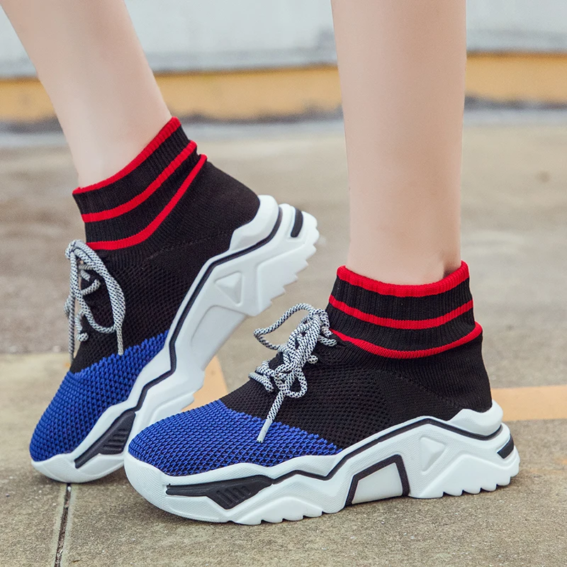 Трикотажные высокие кроссовки женские 2019 дышащая повседневная обувь модные