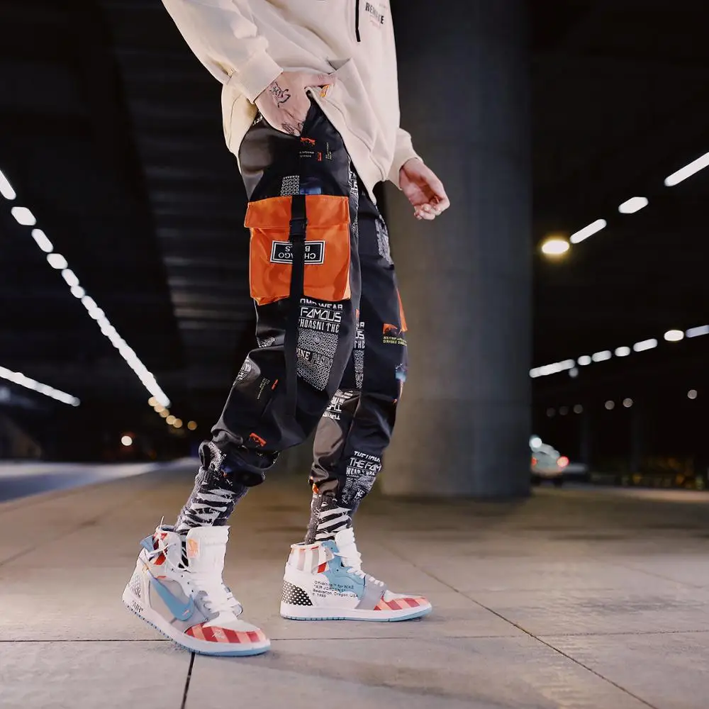 

New Autumn Hip Hop Fashion Harajuku Big Pocket Letters Pattern Patchwork Bottom-tied Overalls Casual Elastic Waist Pants
