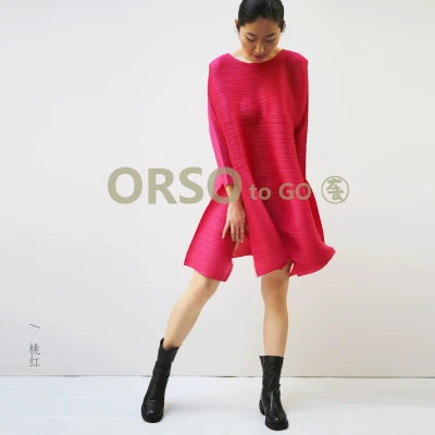 peach red Miyake платье модное платье трапециевидной формы с О-образным вырезом три четверти - Цвет: peach red