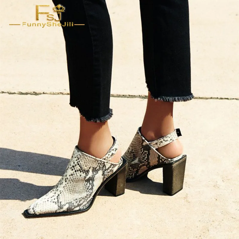 

Women Shoes Ladies Pumps Ivory Python Pointy Toe Slingback Block Heels 2021 Spring Autumn Plus Size Shoes11 12 13