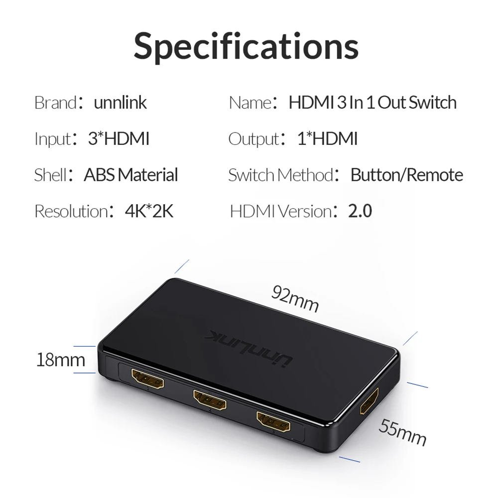 Unnlink HD mi Switch 3x1 5x1 HD mi 2,0 UHD4K@ 60 Гц 4:4:4 HDCP 2,2 HDR 3 в 1 выход для smart tv mi box3 ps4pro xbox one xs проектор