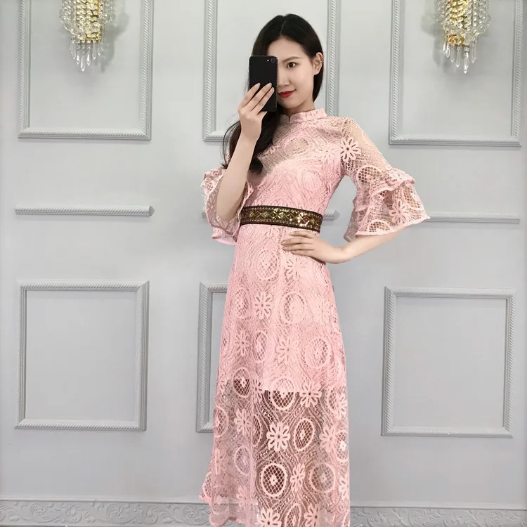 2017 романтичный розовый кружевной рукав фонарик длинное платье для элегантных