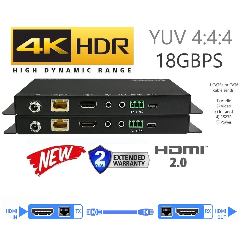 Новинка 4096x2160 @ 60 Гц HDMI 2 0 и HDCP HDBaseT ИК удлинитель 70 м по UTP/STP Cat5e Cat6 кабель 4K POC YUV