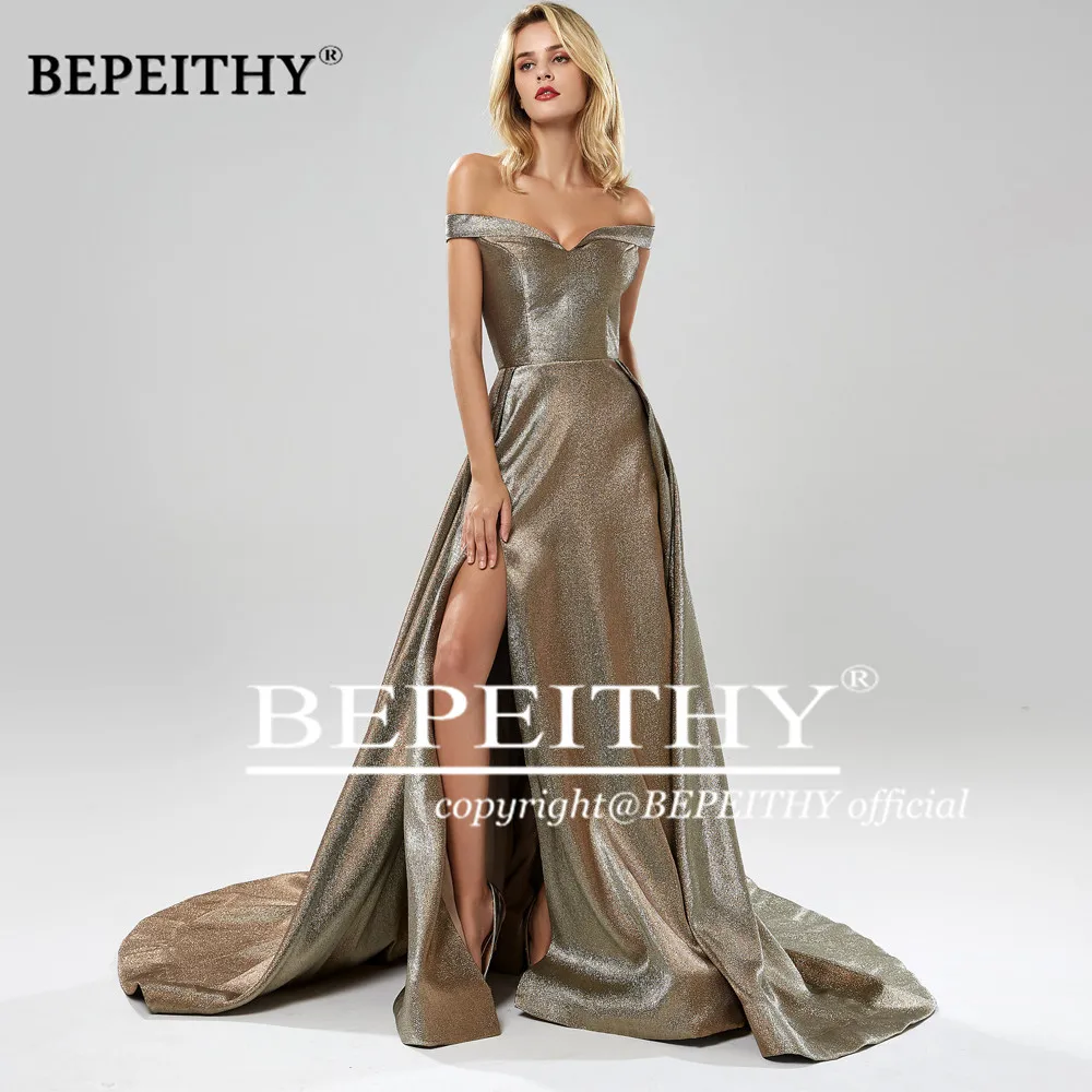 BEPEITHY Robe De Soiree длинное вечернее платье с открытыми плечами, элегантные вечерние платья с разрезом, блестящее сексуальное платье для выпускного вечера