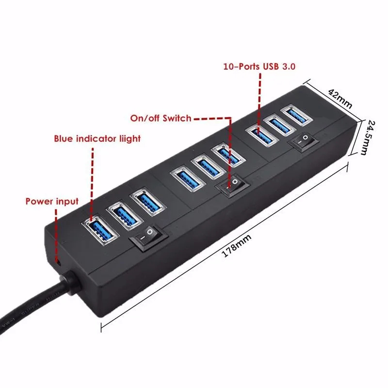 10 портовый концентратор USB 3 0 адаптер порта питания переключатель подсветки