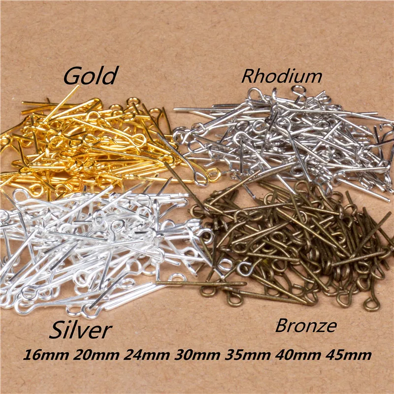 

Hot Sale 16/20/24/30/35/40/45MM DIY Jewelry Pins Needles Silver/Rhodium/Bronze Plated Eye Pins Findings Eye Pin Headpins