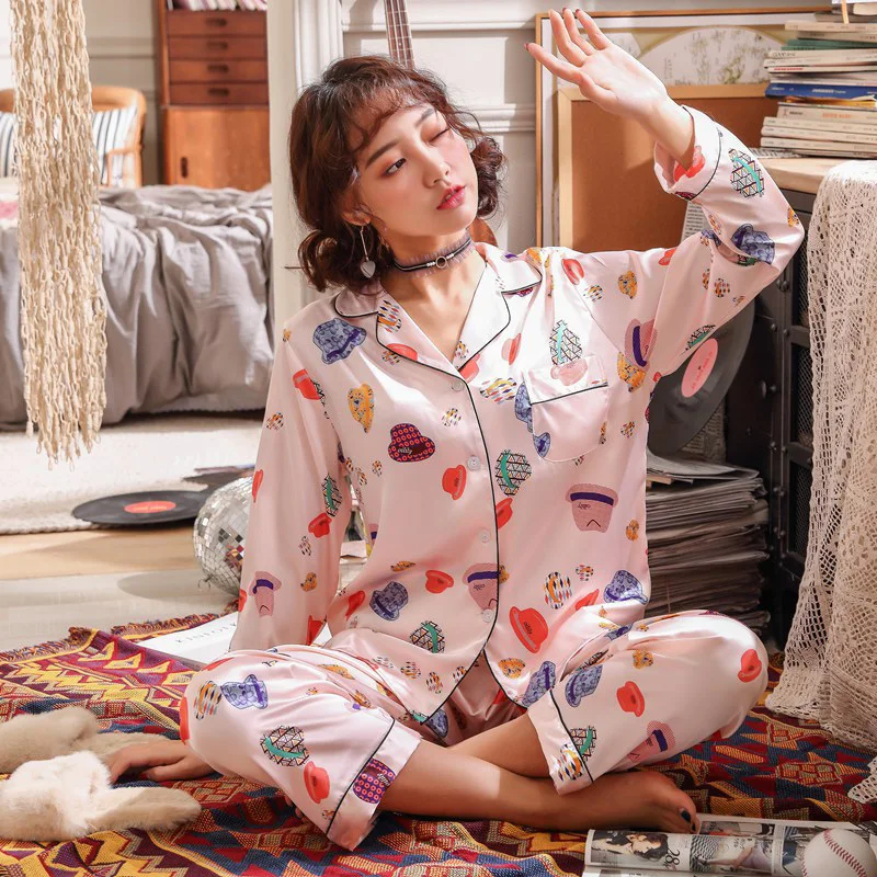 Женские пижамы сексуальное атласное с длинными рукавами домашняя одежда ночное