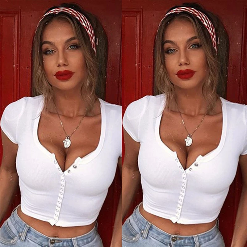 

Женский укороченный топ на пуговицах, с коротким рукавом