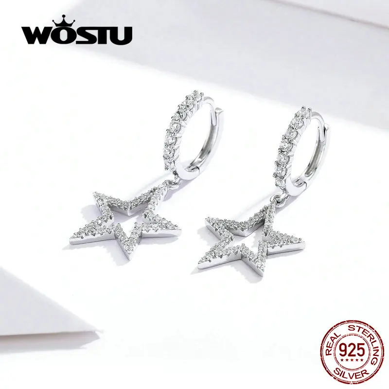 WOSTU, ослепительные звезды, висячие серьги, 925 пробы, серебро, циркон, кристалл, висячие серьги для женщин, Свадебные Роскошные ювелирные изделия CQE593