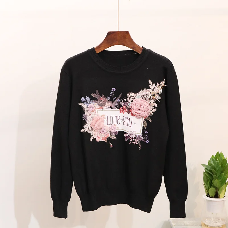 Autumn Bird Floral Embroidery Knit Sweater Women long sleeve Pullovers | Женская одежда