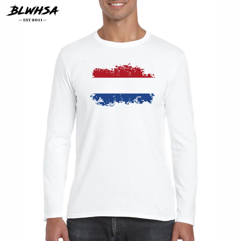 

BLWHSA Fashion Netherlands Flag Nostalgic Design Cotton t shirt Men Long Sleeve O-neck Leisure Netherlands Fans Cheer T-shirt