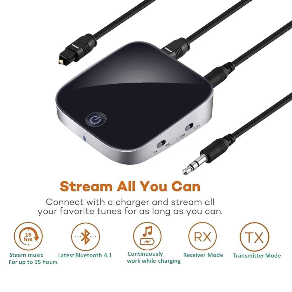 Bluetooth 4.1 Transmitter Receiver Apt-x Wireless Stereo Audio Adapter with Optical for Toslink/SPDIF/3.5mm AUX | Электроника