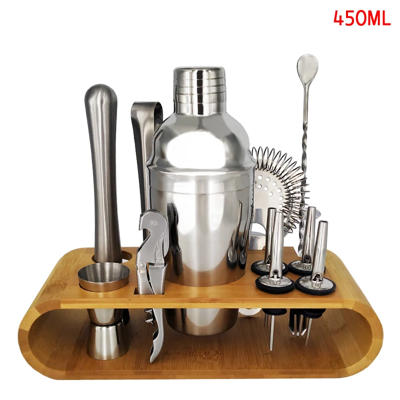 13Pcs 550ml 13 шт Нержавеющая сталь коктейльное барный шейкер набор для вина Миксер для напитков шейкер Бостонского стиля вечерние бар инструмент с бамбуковая подставка - Цвет: 13Pcs 550ml