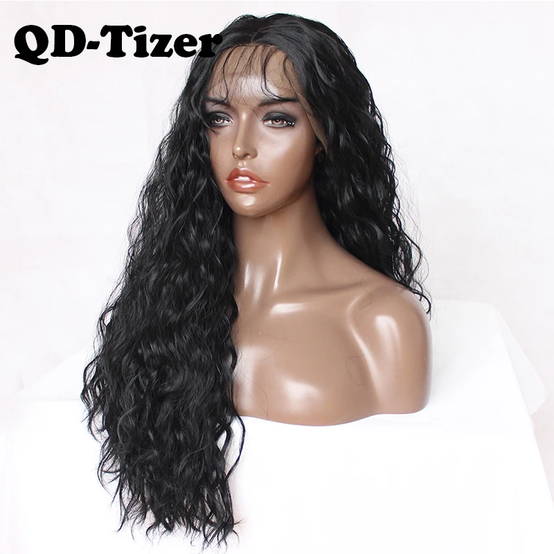 QD Tizer черный парик свободный кудрявый фронта шнурка бесклеевой с волосами