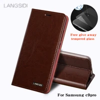 luxury for samsung c9pro phone case oil wax skin wallet flip stand holder card slots leather case to send phone glass film