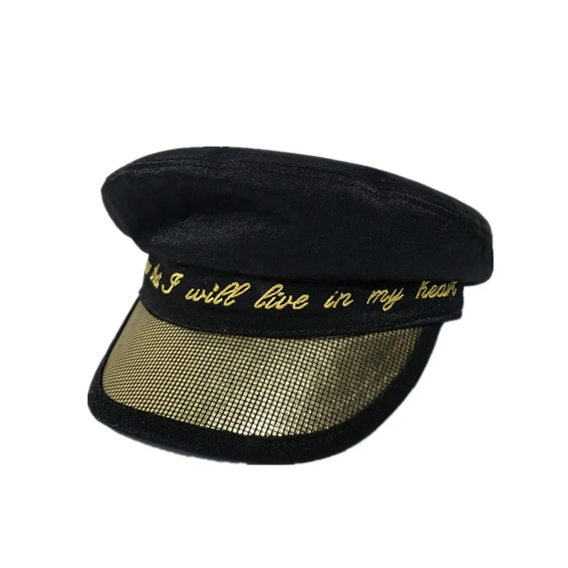 Winter Woman's Military Army Navy Leather Cap Literary Letter Newsboy Hats Warm For Autumn Winter Flat Top Berets Sequins Hat