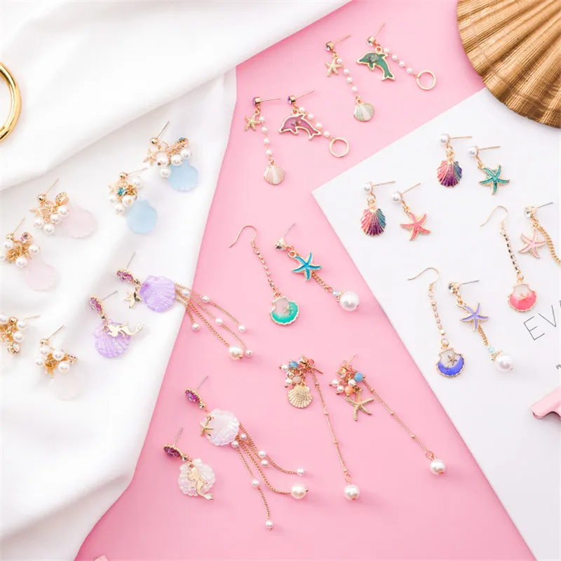 Summer Shell Starfish Tassel Stud Earrings For Women Korean Cute Simulated pearl Asymmetry Jewelry Seaside Holiday Gift | Украшения и