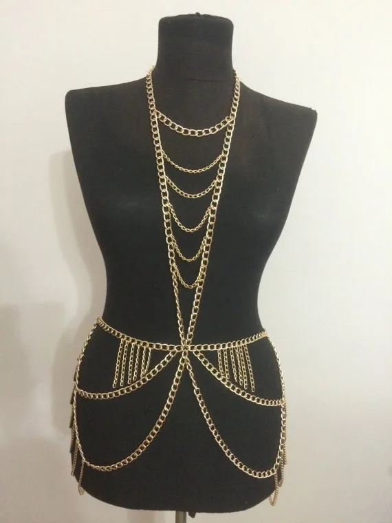 Женское многослойное Ожерелье Бикини длинное Золотистое Ожерелье-цепочка с