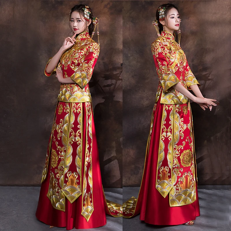 

Red Traditional Show bride Embroidery cheongsam married suits chinese style wedding formal dress female Overseas Chinese Qipao