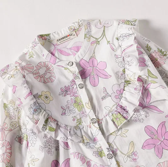

CANDYDOLL 100% Cotton Shirt Girls Spring Autumn Florals Printed Blouses Comfortable Long-sleeved Tops Kids Ruffled Shirts