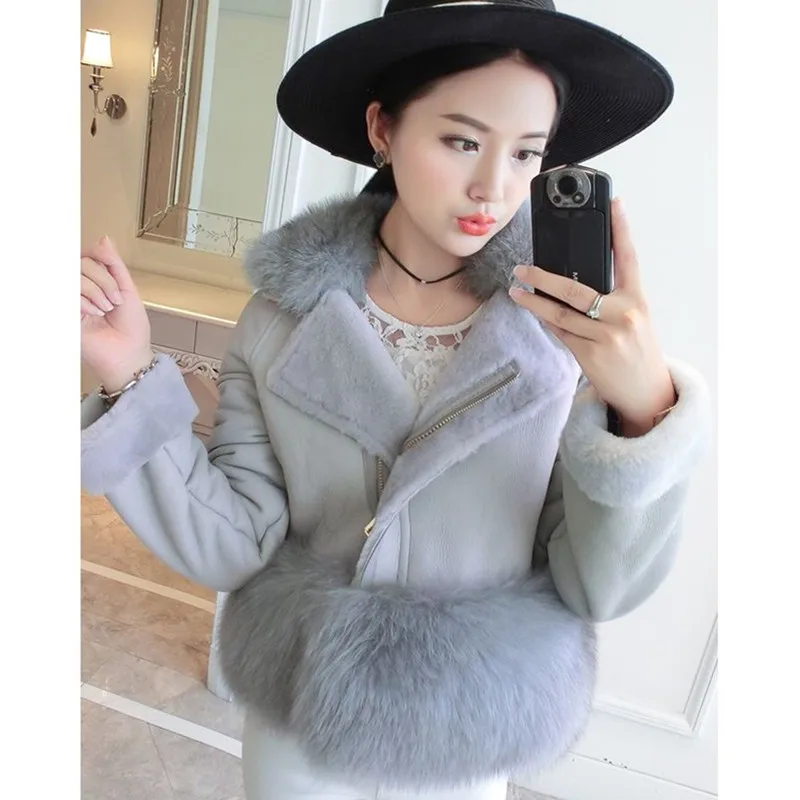 gray UHYTGF Новое модное тонкое зимнее пальто женская шуба из искусственной шерсти куртка с воротником из искусственного лисьего меха кожаная теплая верхняя одежда 939 - Цвет: gray