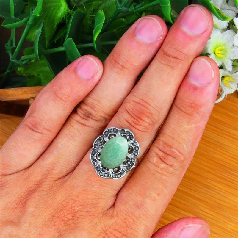 Oval Natural Stone Rings For Women Vintage Look Antique Silver Plated Rhinestone Plum Flower Gemstone Ring Fashion Jewelry TR693 | Украшения