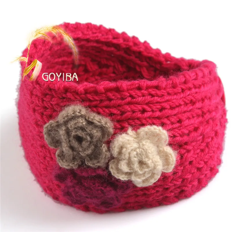 Rose Red GOYIBA/13 цветов, женская зимняя вязаная головная повязка с цветами для девочек, с пуговицами, головной убор, теплые тюрбан, повязка для волос - Цвет: Rose Red