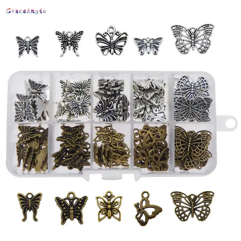 

100pcs/Box Mix Butterfly Pendant Antique Bronze Jewelry Alloy Bracelet Charms For Women Necklace Handmade Craft DIY Accessory