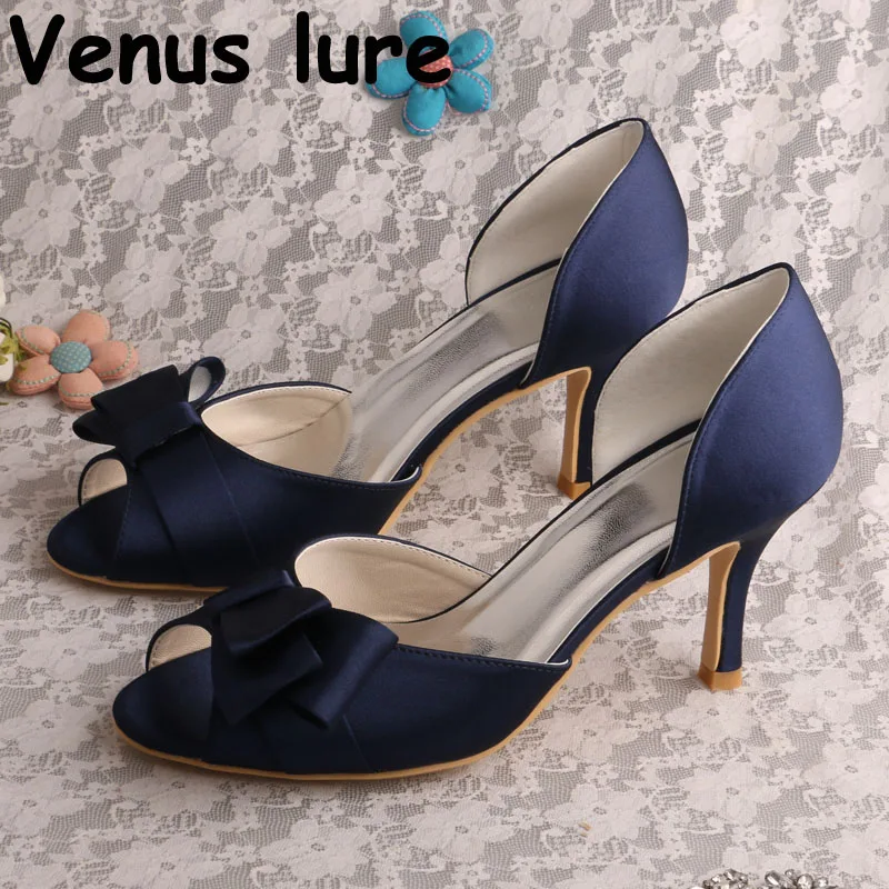

Discount Peep Toe Spring Heels Womens Navy Dress Shoes Bridal Thin Heel