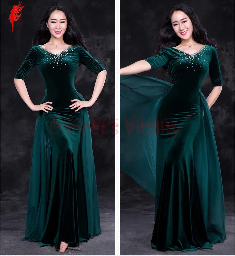 

NEW luxury stones dress belly dancing clothes sexy velvet half sleeves belly dance dress lady dance dress girls dress M/L