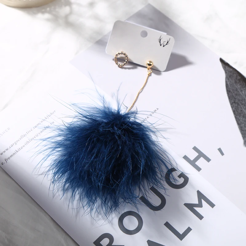 Colorful Feather Mink fur Pom Ball Earrings for Women Fashion Crystal Round Circle Long Chain Asymmetric Jewelry | Украшения и