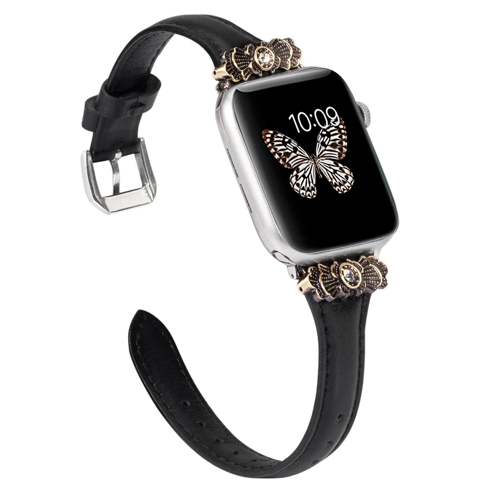 Черный Кожаный ремешок для Apple Watch 38 мм 42 мм iWatch женский тонкий металлический с уникальным декоративным ремешком браслет для iwatch серии 4 3 2 1 - Цвет ремешка: Черный