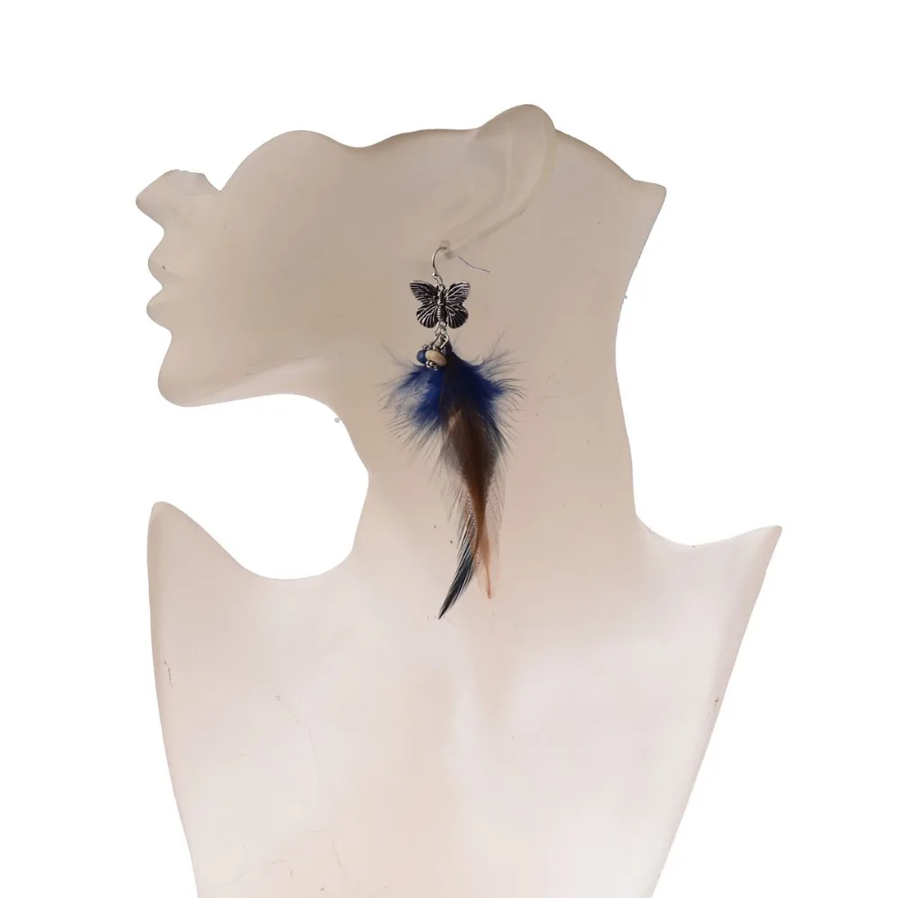 Женские серьги с голубым пером и бабочкой Осенние пушистые аксессуары для