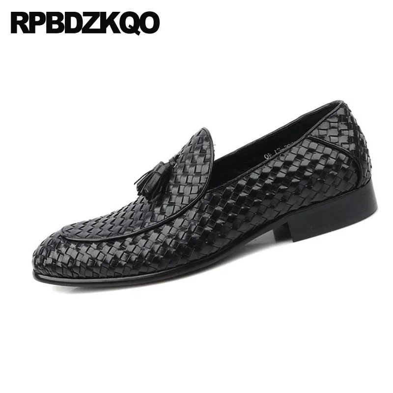 Мужские тканые кожаные туфли удобные Черные слипоны в британском стиле с