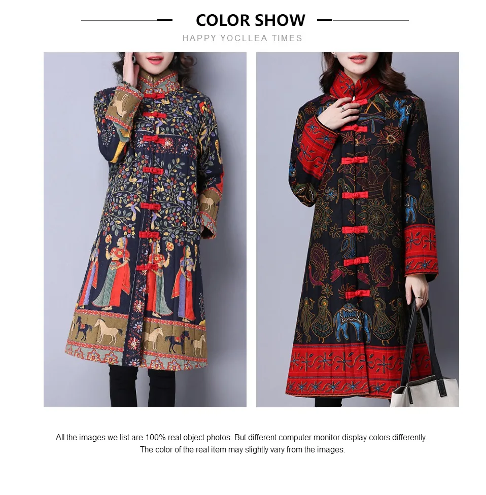 Winter Jacket Women Thick warm Long Parka Mujer Cotton Padded coat vintage Button Print Overcoat plus size Women Tops