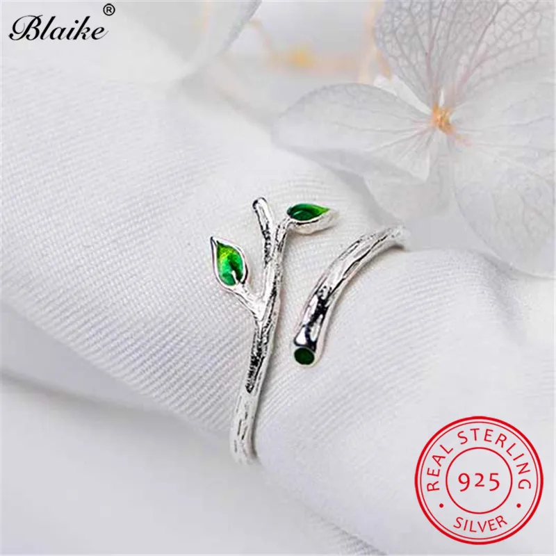 Симпатичные завод дерево лист кольцо 925 стерлингового серебра Открытые Кольца