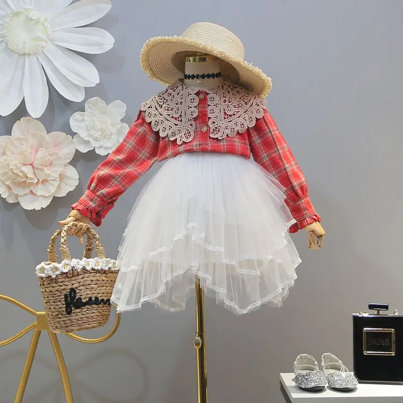 Новинка 2019 года Весенняя рубашка в клетку с кружевными лацканами для девочек