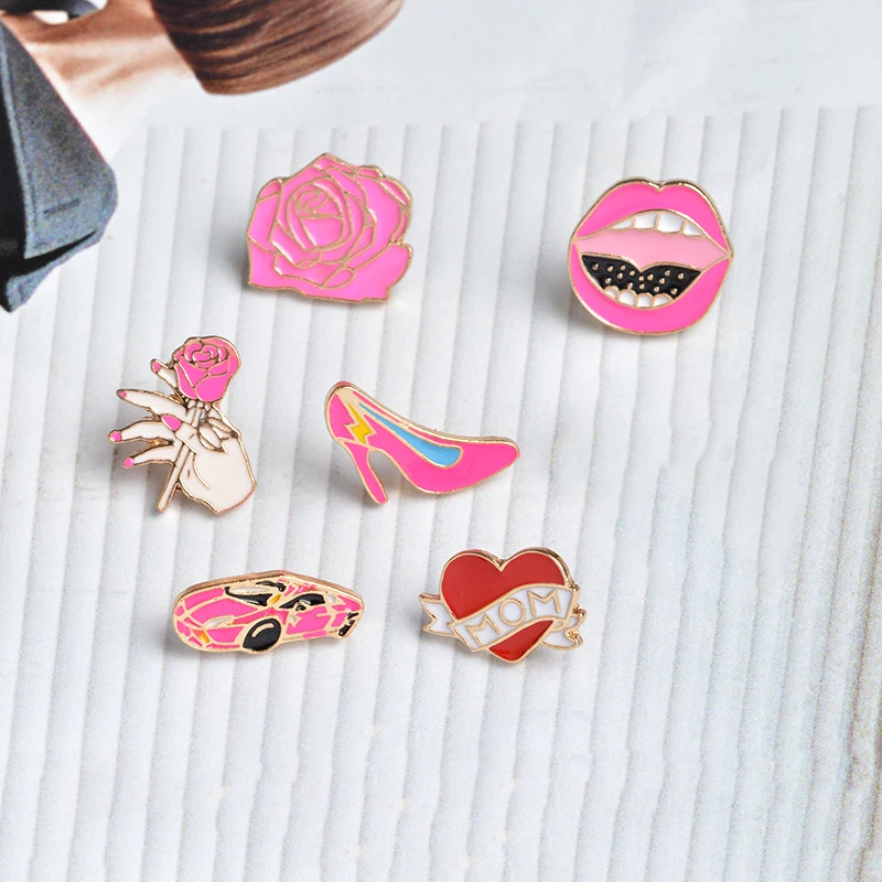 Творческий мультфильм брошь набор из 6 розовый серии в форме сердца любовь розы
