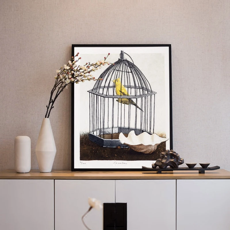 Картина маслом на холсте с изображением канареек и тыкв американской деревни