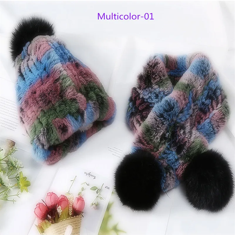 Multicolor 01 Детская новая кроличья меховая шапка Зимний теплый шарф шапка шарф костюм для девочек и мальчиков Толстая теплая шапка шарф горячий - Цвет: Multicolor 01
