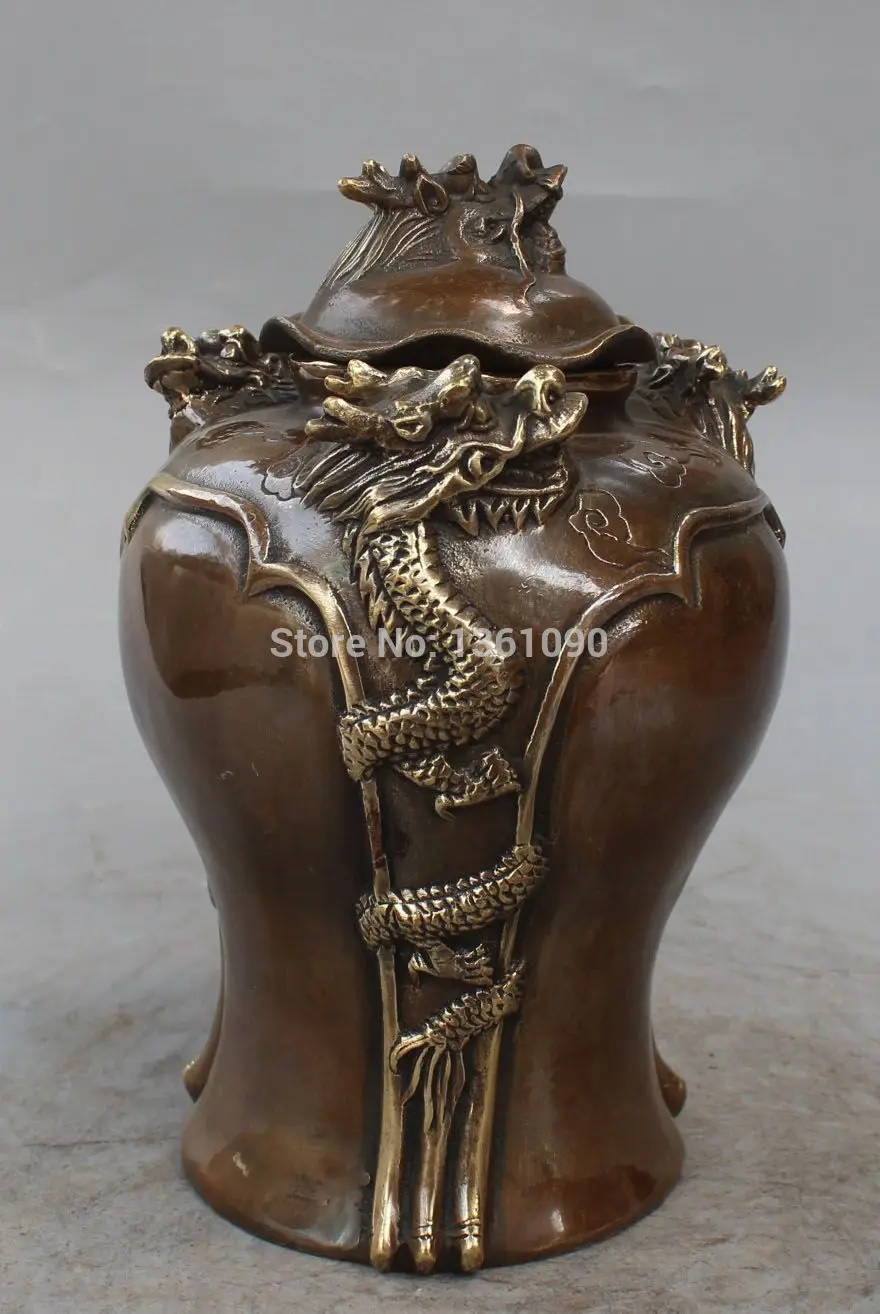 

xd 00494 8" Marked Chinese Bronze Copper auspicious three Dragon Vase Bowl Pot Statue