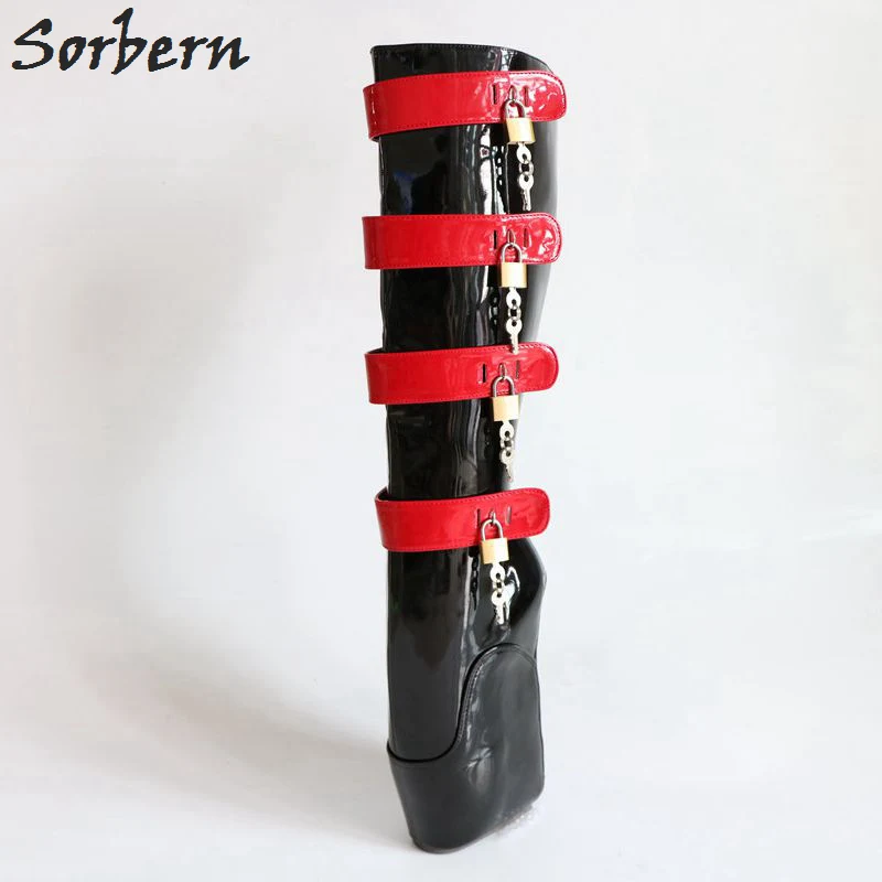 

Sorbern Lockable Zip Ballet Wedge Fetish Hoof Boots Heelless Sexy Black & Red Fetish Heel Ladies Boots Pointe Newbies