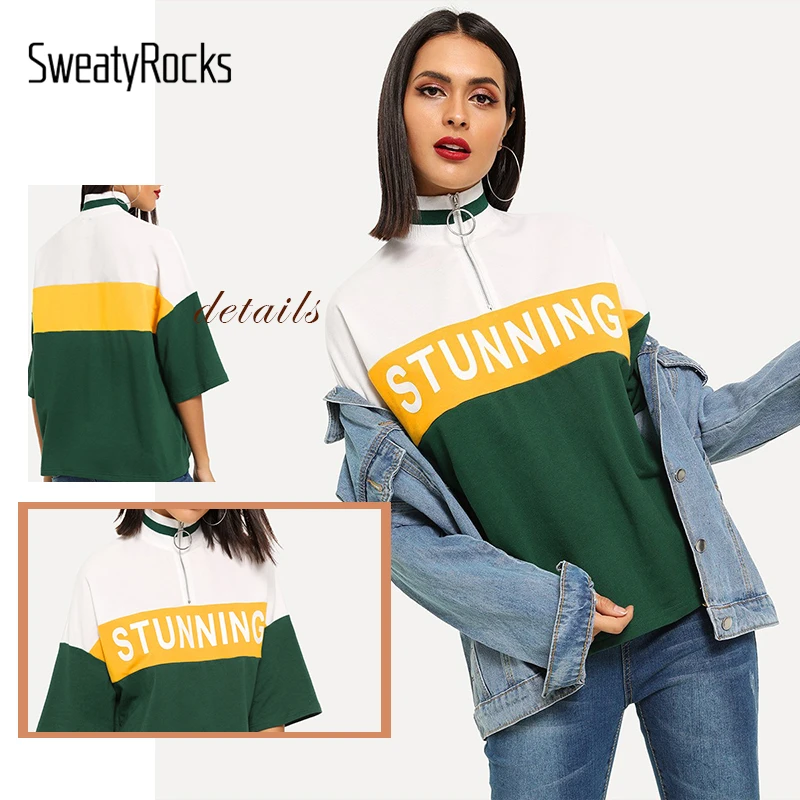 SweatyRocks, полупланка, цветная, с буквенным принтом, женская футболка, три четверти, длина рукава, топы, уличная одежда, стоячий воротник, повседневные футболки