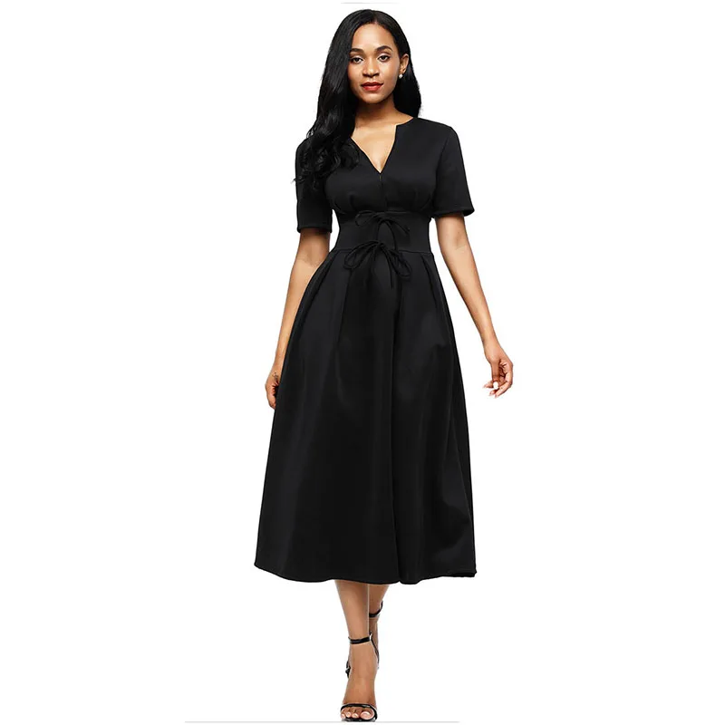 LOVEBATU Brand Ankle Length Dress Splicing Bow Tie Shot Sleeve Dresses | Женская одежда