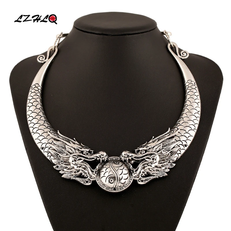 LZHLQ Bohemian Ethnic Necklace Statement Women 2020 Hot Gypsy Vintage Double Dragons Choker Collar Tribe Jewelry Collier