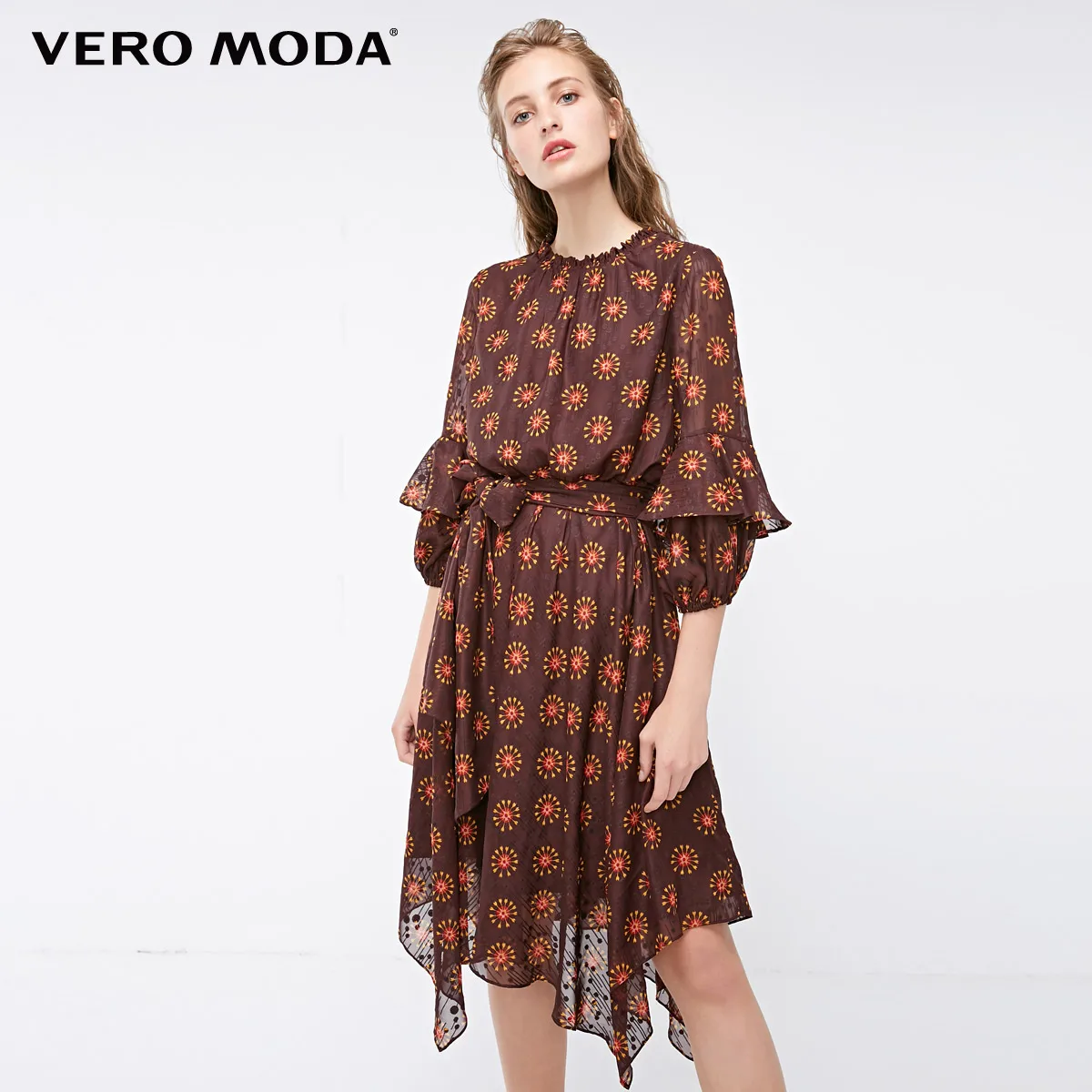 Vero Moda Новая женская печатная эластичная декольте 3/4 рукава на шнуровке платье | 31847C509